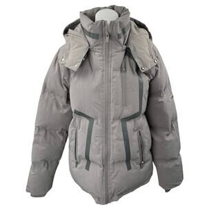 Manier De Voir Women's Gray Tan Full Zip Hoodie Hooded Puffer Coat Jacket Size L